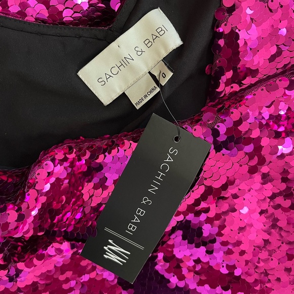 NWT SACHIN & BABI | Maslak Sequined Flounce Hem Midi Dress in Fuchsia | Size 0 - Picture 12 of 16